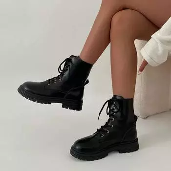 Распродажа модной женской обуви 2024 года, фирменные женские ботинки на шнуровке, осенние, с круглым носком, на твердой платформе, водонепроницаемые, короткие, модные ботинки 35 чёрный