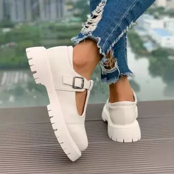 Распродажа модной женской обуви 2024 года, новые женские туфли-лодочки с пряжкой из одного слова, с круглым носком, на среднем каблуке, водонепроницаемые, для работы, профессий, на каждый день 36 покинуть белый