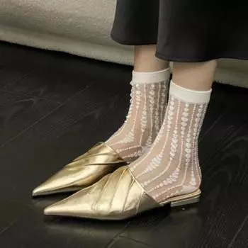 Распродажа модной женской обуви 2024 года, новые женские туфли с открытой пяткой, осенние туфли с острым носком, однотонные, повседневные, на плоской подошве, удобные, офисные женские туфли 35 золотой