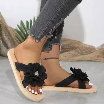 Распродажа модной женской обуви 2024 года, новые женские тапочки для отдыха на открытом воздухе, повседневные тапочки для женщин с жемчужным цветочным принтом и круглым носком на плоской подошве с туфлями для женщин 36 чёрный