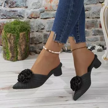 Распродажа модной женской обуви 2024 года, новые весенние женские тапочки с закрытым носком, однотонные цветы, средний каблук, профессиональные офисные тапочки для женщин 36 чёрный