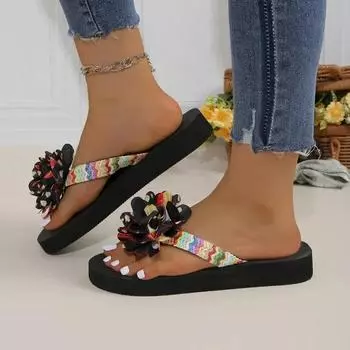 Распродажа модной женской обуви 2024 года. Новые женские тапочки для отдыха на открытом воздухе. Летние лаконичные разноцветные тапочки с цветами на низком каблуке с открытым носком. 37 разноцветный