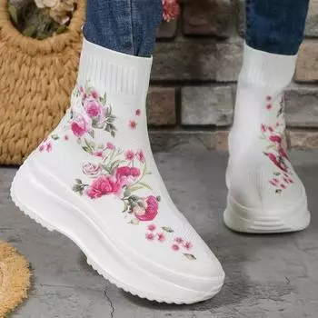 Распродажа модной женской обуви 2024 года, новые эластичные женские ботинки из ткани, осенние туфли с круглым носком и дышащей сеткой, женские ботинки на плоской подошве средней высоты 36