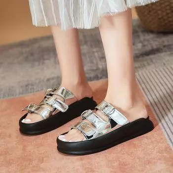 Распродажа модной женской обуви 2024 года, новые женские тапочки, сплошные, с пряжкой, украшением на платформе, водонепроницаемые, с открытым носком, повседневные шлепанцы для женщин 35 чёрный