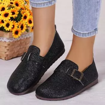 Распродажа модной женской обуви 2024 года, новые женские туфли на плоской подошве с круглым носком, осенние туфли с пайетками и пряжкой, на твердой подошве Solft, повседневные удобные туфли на плоской подошве 36 покинуть белый