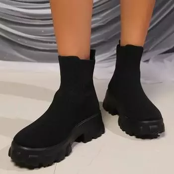 Распродажа модной женской обуви 2024 года, осень-зима, новые вязаные дышащие женские носки, однотонные простые черные короткие ботинки Zapatos 36 чёрный