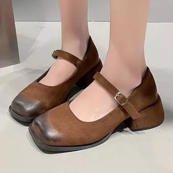 Распродажа модной женской обуви 2024 года. Высококачественные женские туфли с квадратным носком. Осенние туфли с пряжкой разных цветов. Платье на толстом каблуке. Туфли на низком каблуке. 35 чёрный