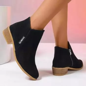 Распродажа модной женской обуви 2024 года, женские сапоги на молнии, осенние, с острым носком, из цельного флоксового материала, короткие, на толстом каблуке, в стиле ретро, римские сапоги 36 чёрный
