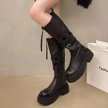 Распродажа модной женской обуви. Модные женские ботинки на молнии. Зимние ботинки с круглым носком. Твердые высокие туфли на толстом каблуке. Модные ботинки Botas De Mujer. 35 чёрный