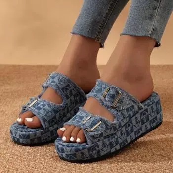 Распродажа модной женской обуви. Новые женские тапочки с пряжкой. Летние тапочки с открытым носком из денима на платформе для отдыха. Повседневные удобные тапочки больших размеров. 36 синий