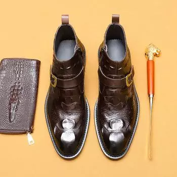 [Распродажа] Мужские высокие ботинки Martin из натуральной кожи с крокодиловым узором, модный деловой стиль, с британским острым носком и молнией. 43 коричневый