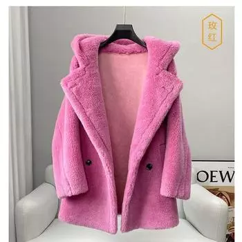 [Распродажа не составляет] Куртка с капюшоном из овечьей шерсти, утолщенная шерсть, овечья стрижка, пальто с интегрированным мехом и капюшоном XS розы красного