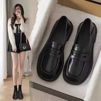 Распродажа Новые Большие Женские Туфли Маленькие Кожаные Туфли Британский Стиль Одиночные Туфли Лоферы Модные Кроссовки Женские 35 чёрный