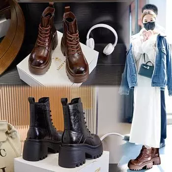 Распродажа Осень/зима Новые кожаные ботинки Женские высокие каблуки Универсальные короткие ботинки Женские повседневные ботинки в ретро-цвете 35 чёрный