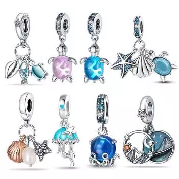 Распродажа подвесок из серебра 925 пробы с серией Ocean Series Blue Turtle Crab Charms, подходят для оригинальных женских браслетов Pandora, ювелирных изделий, подарков