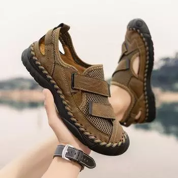 Распродажа сандалии мужские летние кожаные сетчатые сандалии с дышащей головкой пляжная обувь большой размер 38