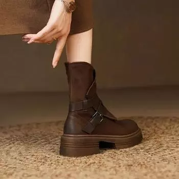 Распродажа сапоги женские новые нишевые дизайн ретро толстые подошвы мотоциклетные сапоги круглые ботильоны женская обувь 35 коричневый
