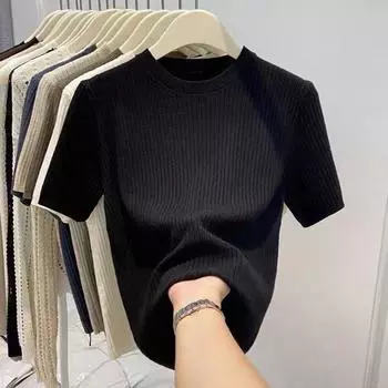 Распродажа Сток Европейские Товары Женская Одежда Срезанная Этикетка Пуловер с Круглым Вырезом и Коротким Рукавом Трикотаж Мягкая Клейкая Западный Стиль Рубашка Шикарные Топы Black M