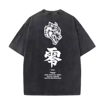Распродажа в спортзале Футболка с графикой волка Мужская Женская Винтажная выстиранная футболка с коротким рукавом Мужская футболка оверсайз Уличная одежда S