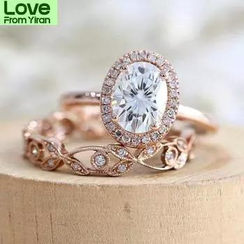 Распродажа Женская мода 2 шт. / Комплект розовое золото цвет овальный циркон инкрустированный кристалл кольцо для свадебных украшений вся распродажа 11 розового золота