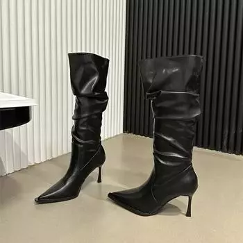 распродажа Женские высокие сапоги модные плиссированные женские остроносые длинные сапоги элегантная женская обувь на тонком каблуке 35 коричневый