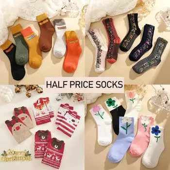 Распродажа женских носков из чистого хлопка, ретро-цветочные носки средней длины, рождественские носки с тюльпанами