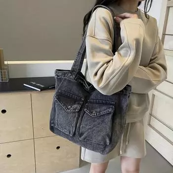 Распродажа женских сумок-тоут из денима, высококачественные сумки через плечо для женщин, внутренний карман на молнии с нитками для шитья