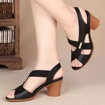 Распродажа женской обуви, 2024 г., модные женские сандалии без шнуровки, уличные летние однотонные женские пляжные сандалии на среднем каблуке с открытым носком и средним каблуком 35 чёрный