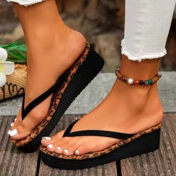 Распродажа женской обуви, 2024 г., женские тапочки с защипнутым носком, летние повседневные тапочки большого размера на платформе с леопардовым принтом 35 чёрный