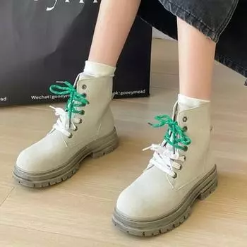 Распродажа женской обуви 2024 года, фирменные женские ботинки на шнуровке, осенние, с круглым носком, на платформе из цельного флика, водонепроницаемые, элегантные, короткие ботинки 35 хаки