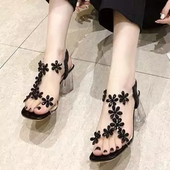 Распродажа женской обуви 2024 года, модные женские босоножки с эластичной резинкой, квадратный носок, однотонные стразы, прозрачные босоножки на толстом каблуке для женщин 34 бежевый