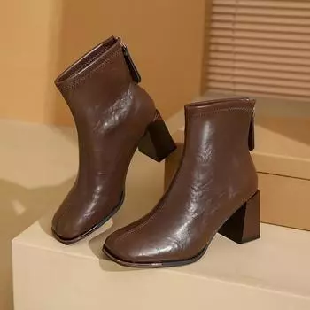 Распродажа женской обуви 2024 года, модные женские ботинки на молнии, зимние, с острым носком, однотонные, короткие, на толстом каблуке, ботинки Botas De Mujer 34 бежевый