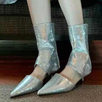 Распродажа женской обуви 2024 года, модные женские сапоги с рукавами, лето-осень, острый нос, однотонные сексуальные платья, туфли на шпильке или тонком каблуке 35 чёрный