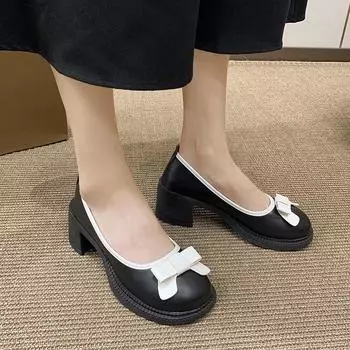 Распродажа женской обуви 2024 года, новые летние туфли Мэри Джейн с круглым носком, милые женские туфли на высоком каблуке, повседневные туфли с бантом на высоком каблуке Zapatillas De Mujer 35 бежевый