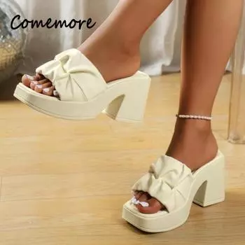 Распродажа женской обуви 2024 года, новые модные женские тапочки с квадратным носком, против морщин, летние повседневные женские туфли на высоком каблуке с узором «рыбий рот» 35 чёрный