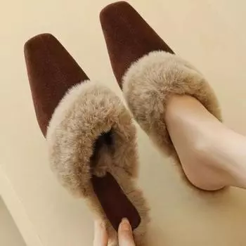 Распродажа женской обуви 2024 года, новые стильные плюшевые теплые женские зимние тапочки, повседневные модные закрытые тапочки Pantuflas De Mujer 34 коричневый