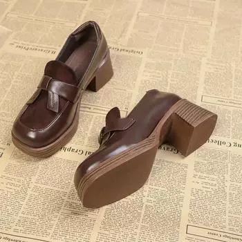 Распродажа женской обуви 2024 года. Осенние женские туфли-лодочки с квадратным носком на высоком каблуке. Водонепроницаемые деловые модные туфли-лоферы на платформе. 34 коричневый