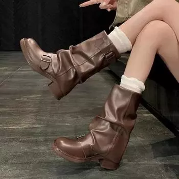 Распродажа женской обуви 2024 года, высококачественные женские сапоги с круглым носком, теплые, однотонные, средней толщины, на толстом каблуке, модные сапоги 35 чёрный