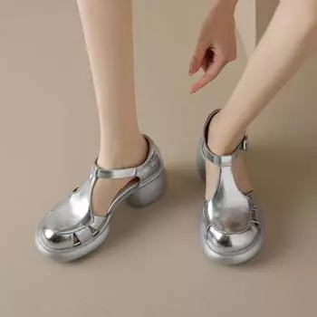 Распродажа женской обуви 2024 года, высококачественные женские босоножки с закрытым носком, летние сандалии на платформе с пряжкой и толстым каблуком для офиса 35 серебряный