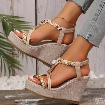 Распродажа женской обуви 2024 года, высококачественные женские сандалии с эластичной резинкой, летние повседневные босоножки на танкетке на платформе разных цветов 36 бежевый