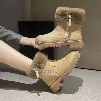 Распродажа женской обуви 2024 года, женские ботинки на молнии, зимние, с круглым носком, из цельного флоксового плюша, теплые, удобные, на среднем каблуке, модные ботинки 35 чёрный