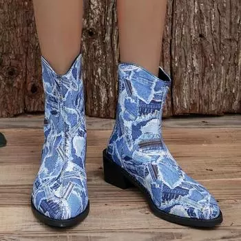 Распродажа женской обуви 2024 года, женские ботинки с молнией сзади, элегантные повседневные ботинки для женщин, разноцветные туфли с круглым носком и квадратным каблуком 35 светло-синий