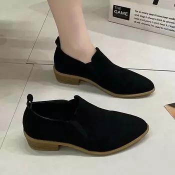 Распродажа женской обуви 2024 года. Женские туфли-лодочки без застежек. Весна-Осень. Мокасины с круглым носком. Однотонные повседневные туфли на толстом каблуке. Туфли больших размеров. 35 чёрный