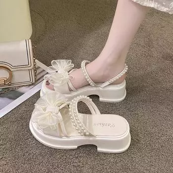 Распродажа женской обуви. Модные современные женские летние повседневные сандалии с жемчугом. Женские однотонные туфли на платформе. Zapatillas. 35 бежевый