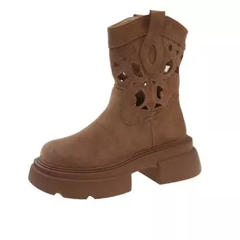 Распродажа женской обуви. Модные женские сапоги с рукавами. Весна-Осень. Круглый нос. Замшевые однотонные короткие сапоги на толстом каблуке. Весенние сапоги. 35