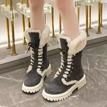 Распродажа женской обуви, модные женские сапоги с круглым носком, плюшевый флис для тепла, средние бочонки на низком каблуке, зимние сапоги 35 чёрный