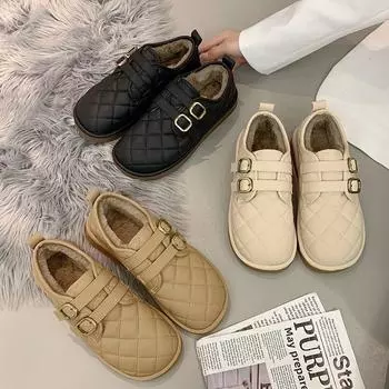 Распродажа женской обуви. Женские ботинки с пряжкой. Зимние ботинки с круглым носком. Твердые плюшевые теплые удобные на низком каблуке. Лаконичные повседневные зимние ботинки. 35 хаки