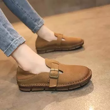 Распродажа женской обуви. Женские туфли на плоской подошве. Осенние туфли с круглым носком и пряжкой. Повседневные туфли на низком каблуке. 35 хаки