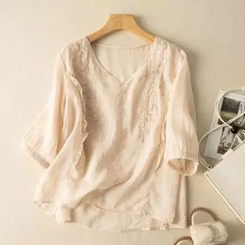 Распродажа женской одежды. Женская однотонная хлопковая и льняная винтажная вышитая одежда. Свободные и тонкие национальные хлопковые рубашки. XXXL бежевый