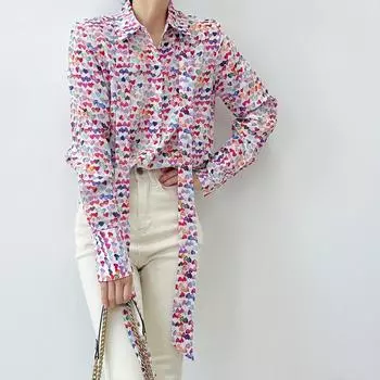 Распродажа женской шелковой рубашки с длинным рукавом, цветным принтом в виде сердца и съемным бантом S (approx. 50 kg, 70AB)